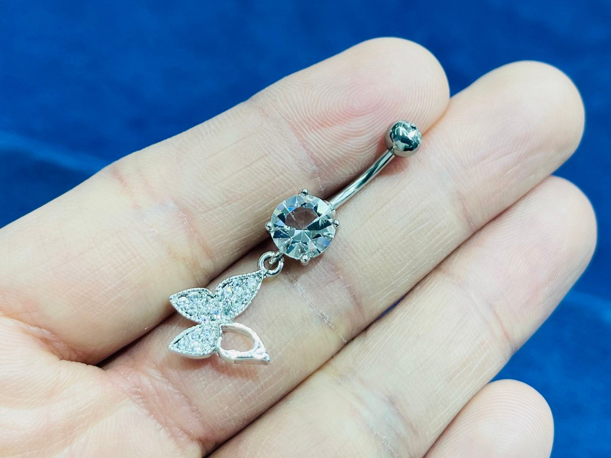 Silver Dainty Dangling Butterfly Belly Button Ring