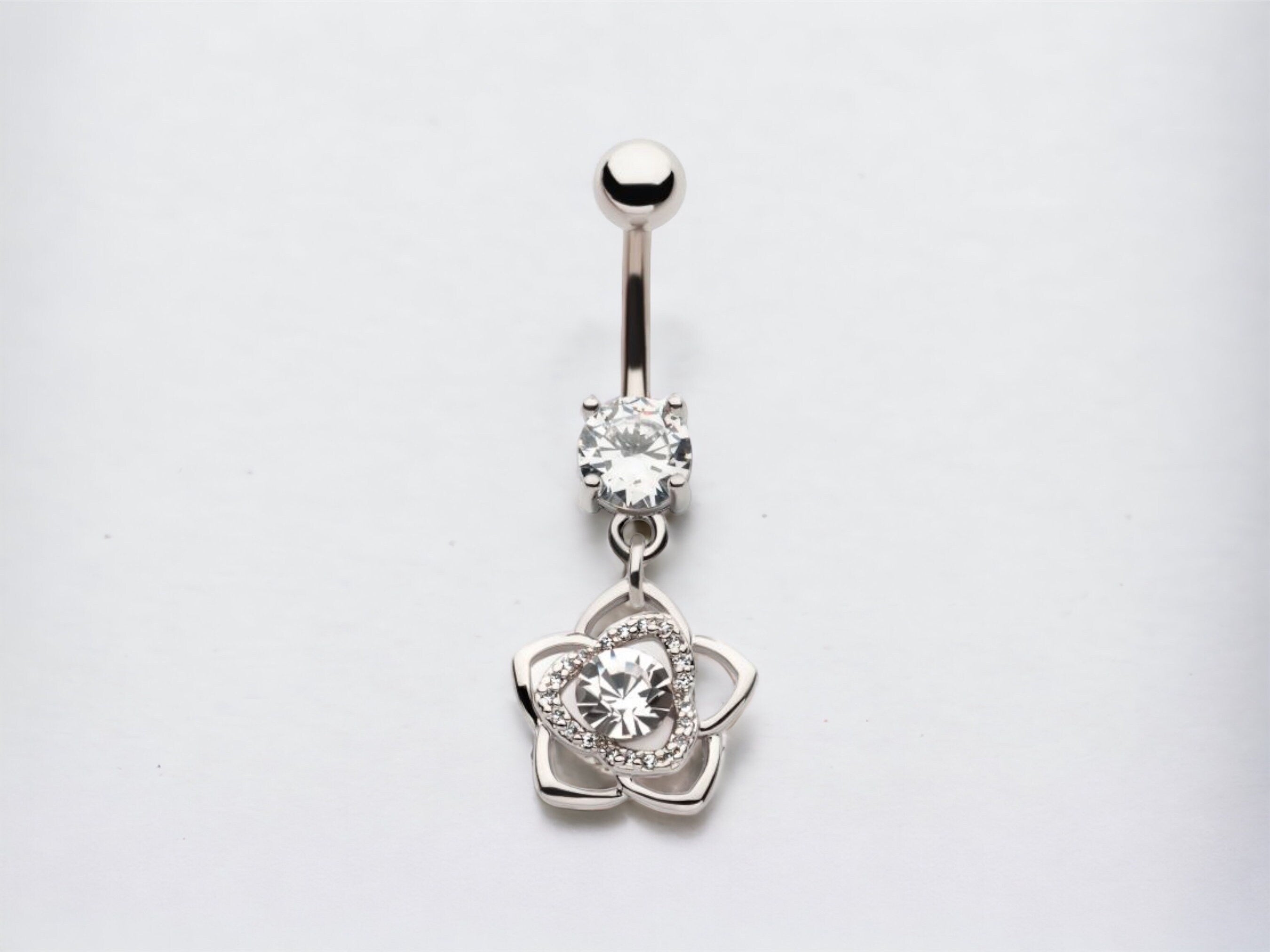 Silver Rose Flower Dangling Belly Button Ring, 14G Navel Ring