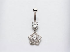 Silver Rose Flower Dangling Belly Button Ring, 14G Navel Ring