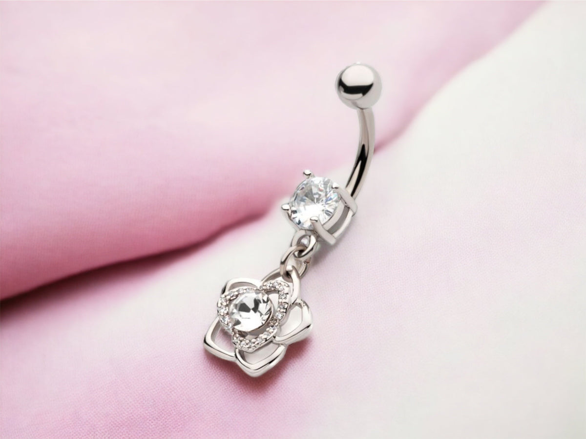 Silver Rose Flower Dangling Belly Button Ring, 14G Navel Ring