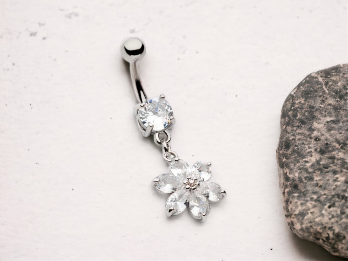 Multi Gem Cluster Flower Dangling Belly Button Ring • Body Jewelry • Navel Piercing • Dangling Flower Belly Ring