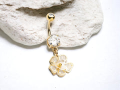 Dangling Dainty Flower Petals Clear Gems Belly Button Ring • Flower Belly Ring • Rose Belly Ring •