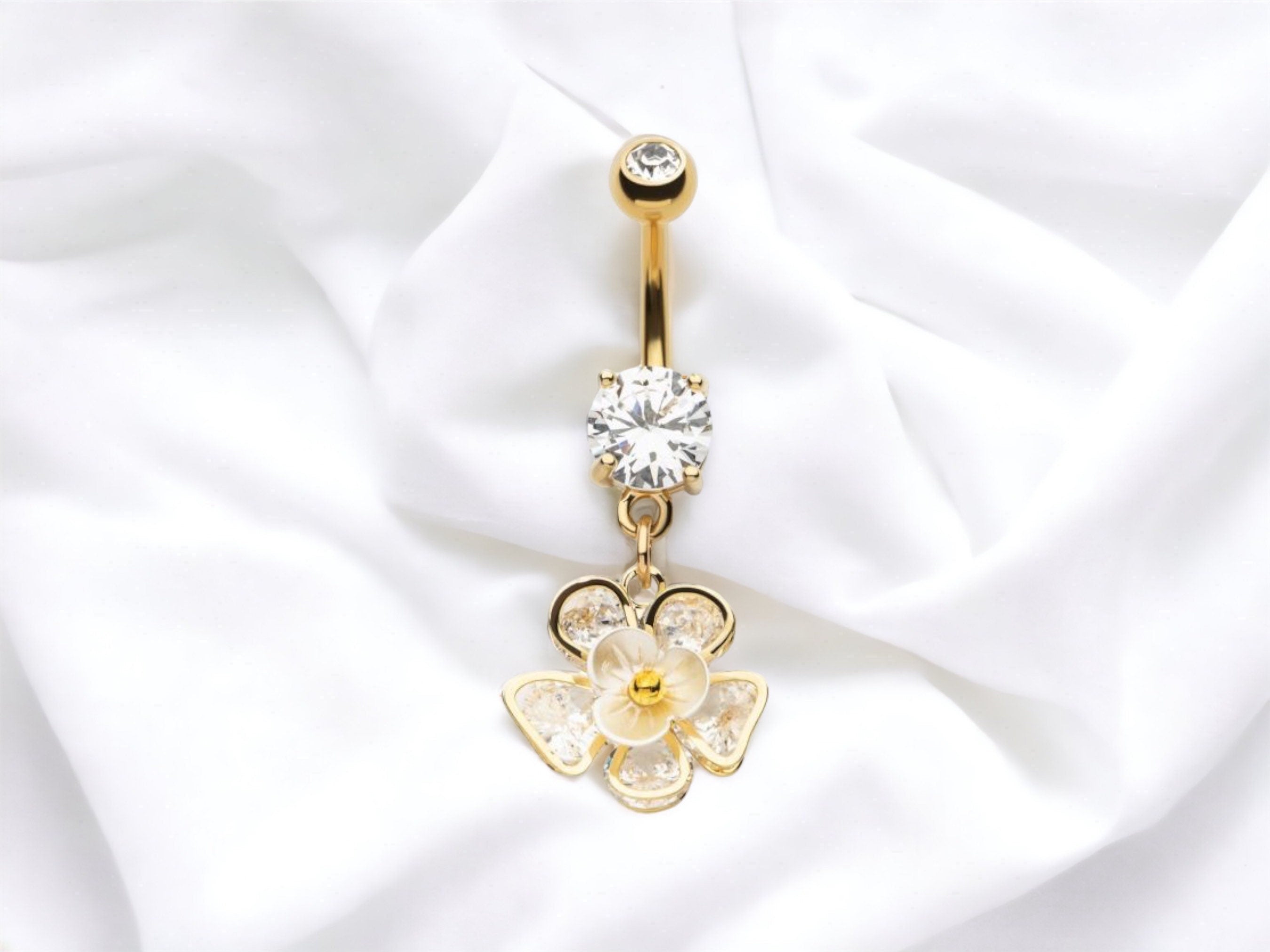 Dangling Dainty Flower Petals Clear Gems Belly Button Ring • Flower Belly Ring • Rose Belly Ring •