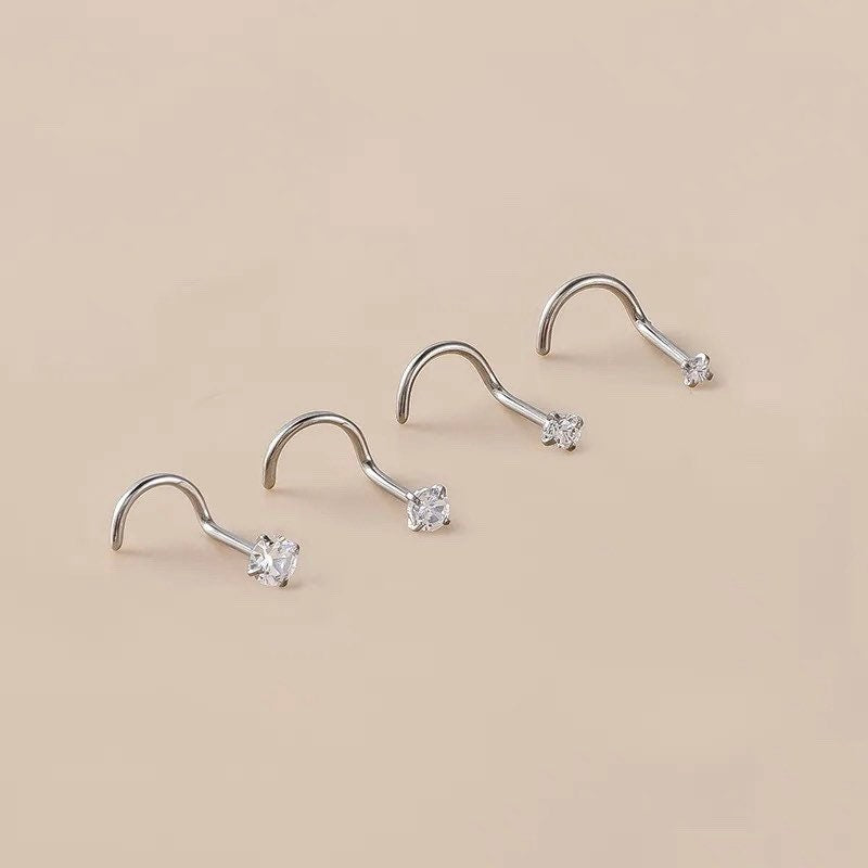 Titanium Corkscrew Nose Stud • Clear Gem Nose Ring • Corkscrew Nose Ring • Simple Nose Piercing