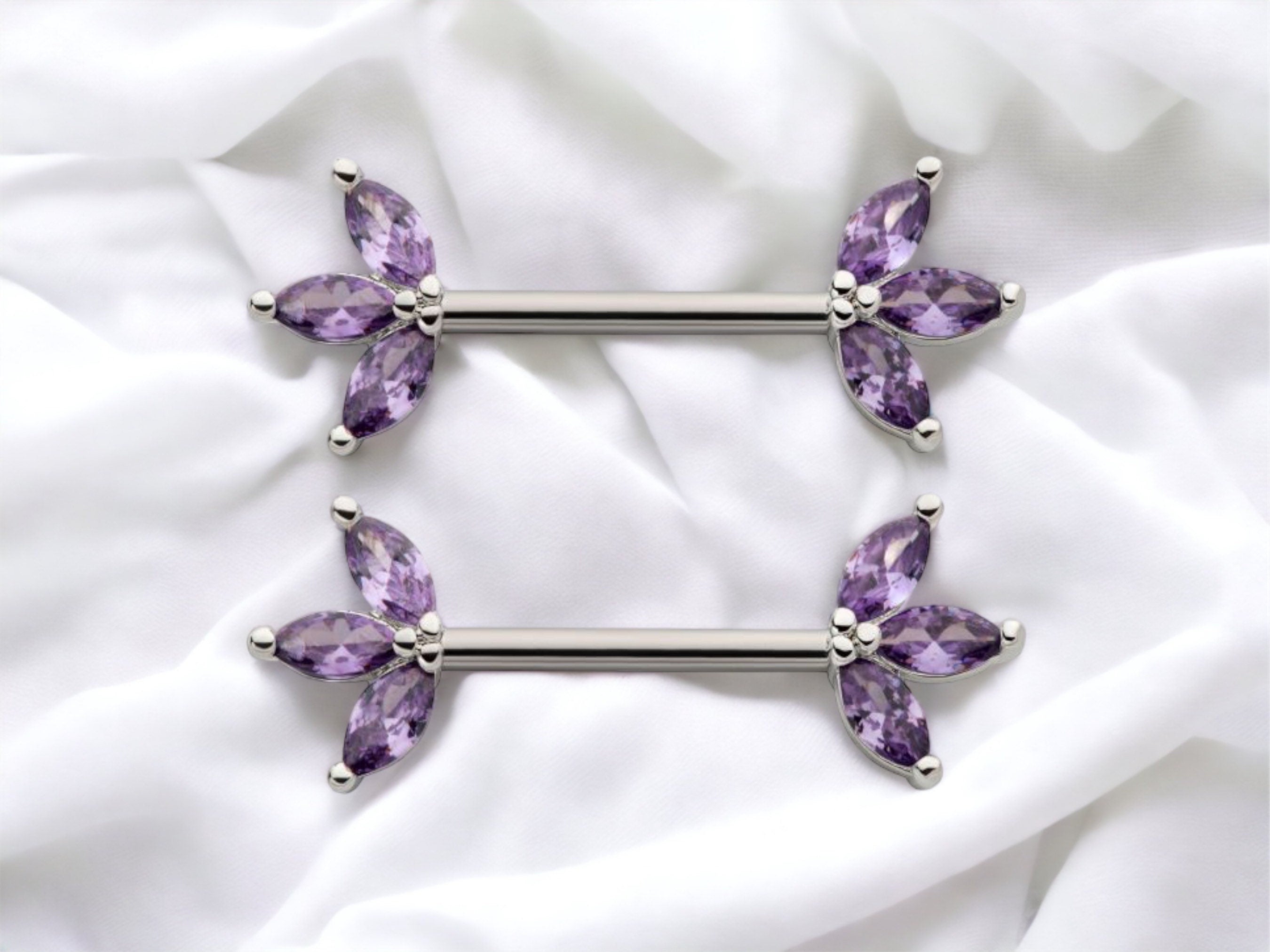 14G Silver Purple Marquise Gems Nipple Barbell. Nipple Rings. Nipple Jewelry. Nipple Piercing