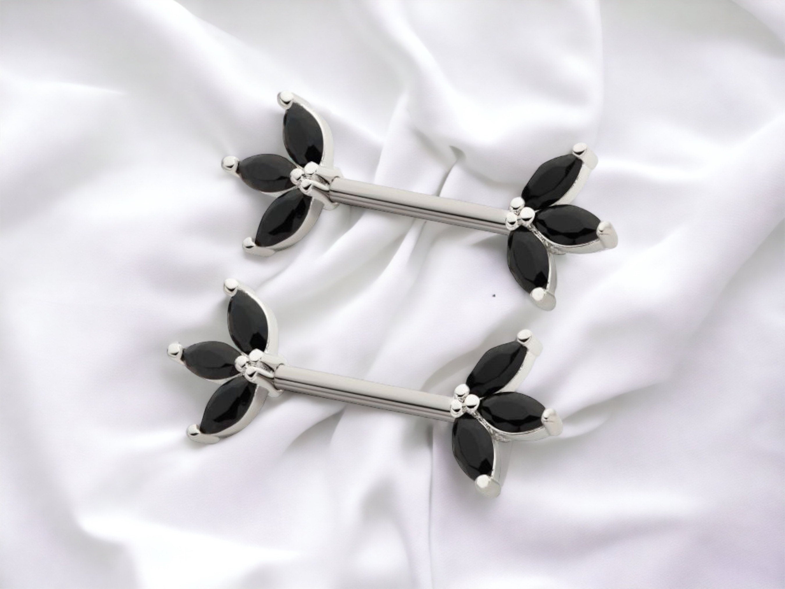 14G Black Marquise Gems Nipple Barbell. Nipple Rings. Nipple Jewelry. Nipple Piercing