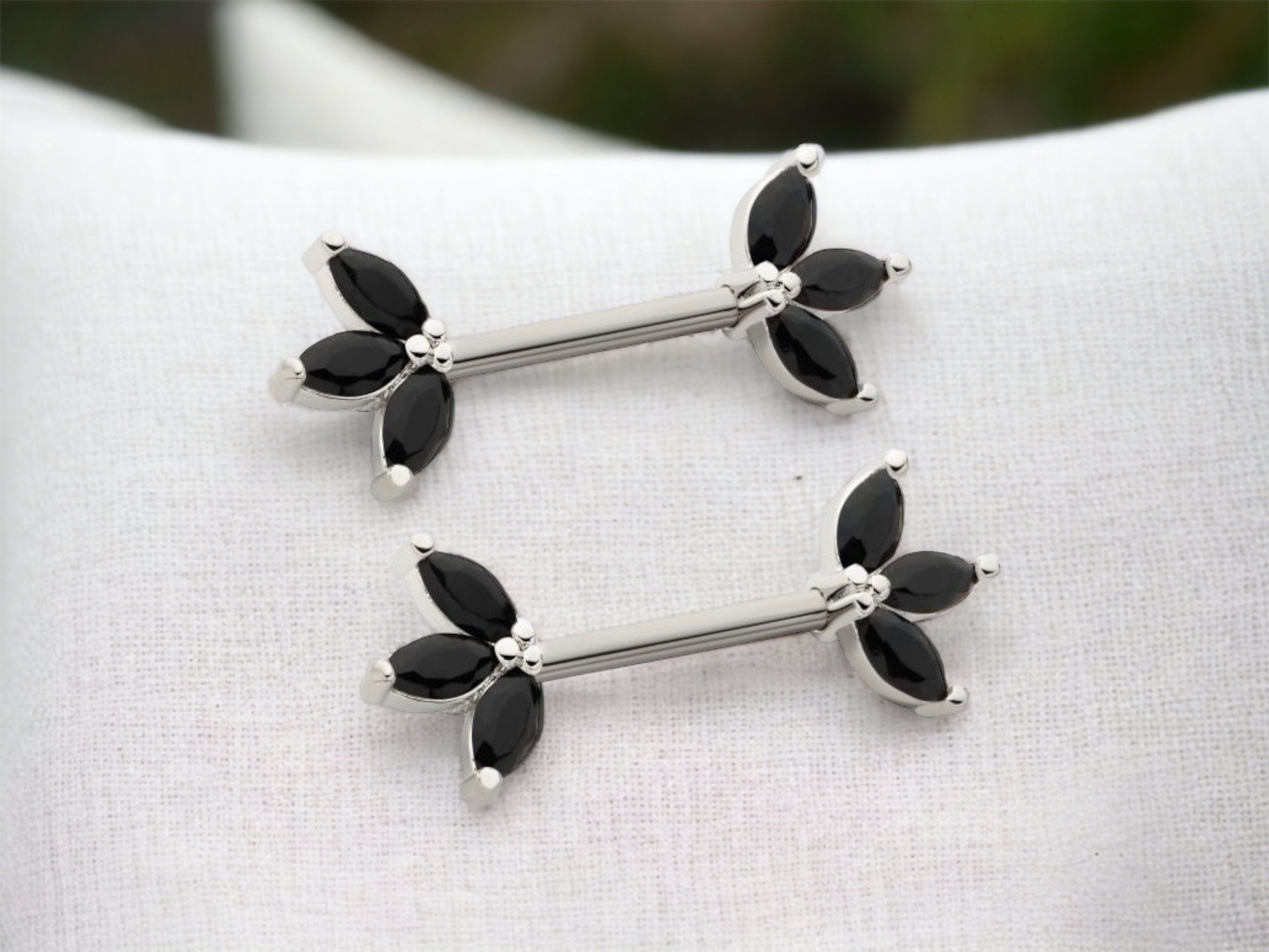 14G Black Marquise Gems Nipple Barbell. Nipple Rings. Nipple Jewelry. Nipple Piercing