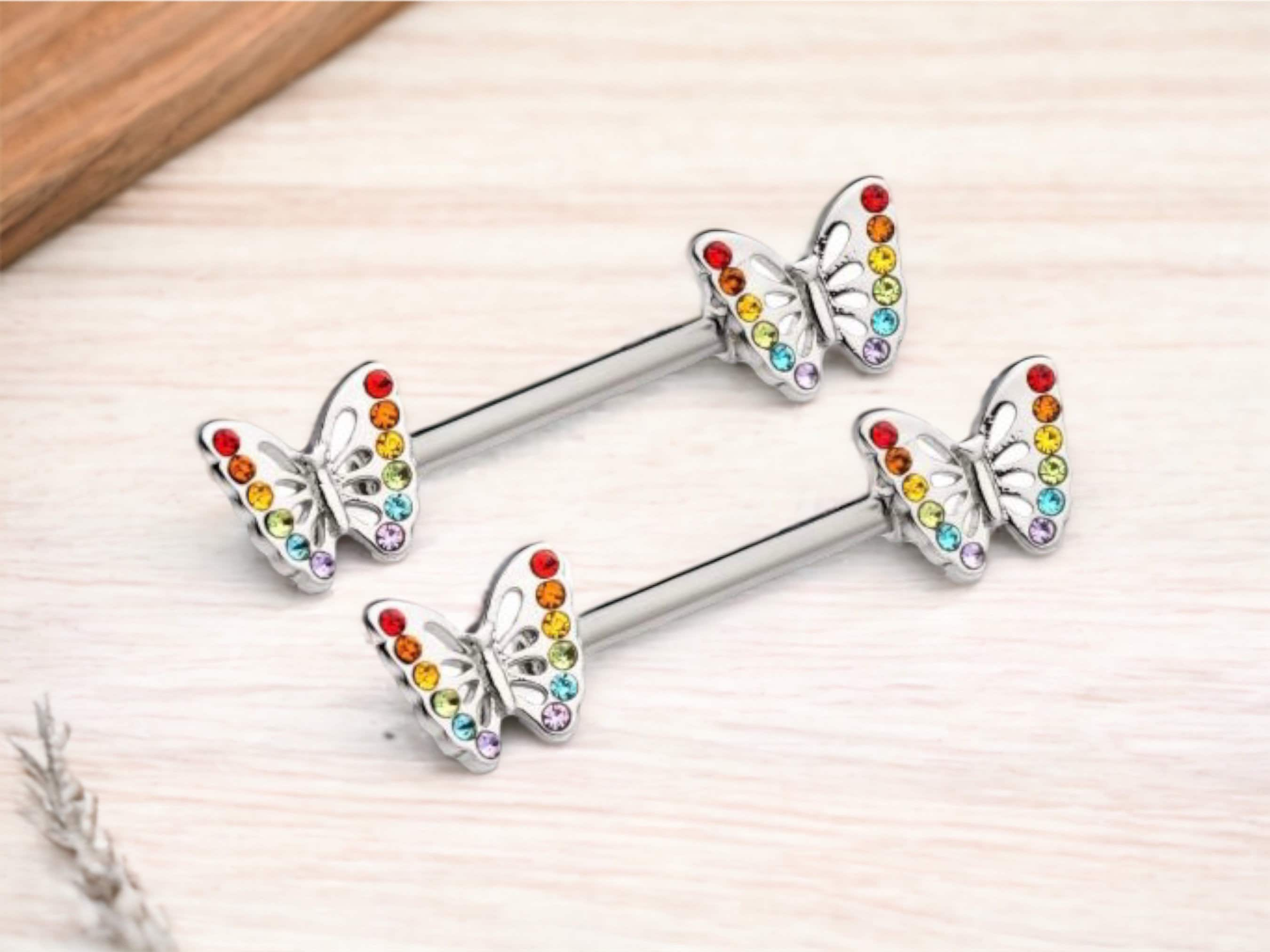 14G Silver Colorful Gems Butterfly Nipple Jewelry • Nipple Barbells with Butterfly End • Rainbow Butterfly Nipple Jewelry