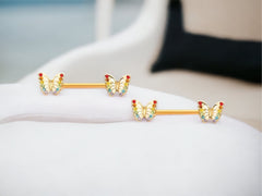 14G Gold Colorful Gems Butterfly Nipple Jewelry • Nipple Barbells with Butterfly End • Rainbow Butterfly Nipple Jewelry