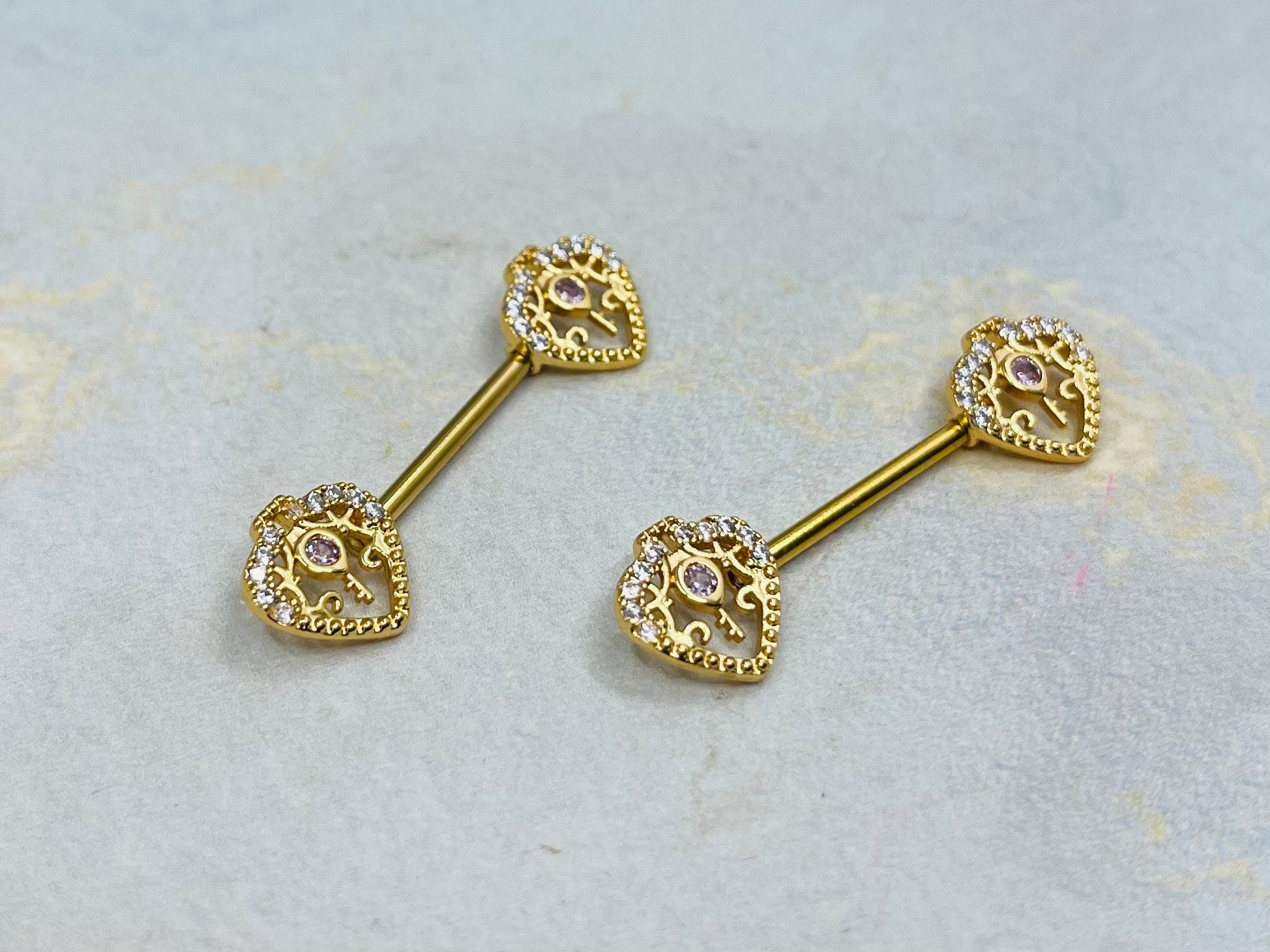 14G Gold Heart and Key Nipple Jewelry Barbell