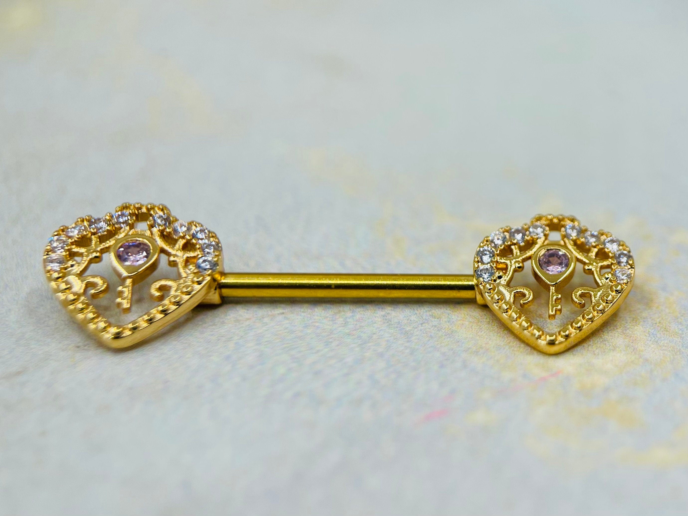 14G Gold Heart and Key Nipple Jewelry Barbell