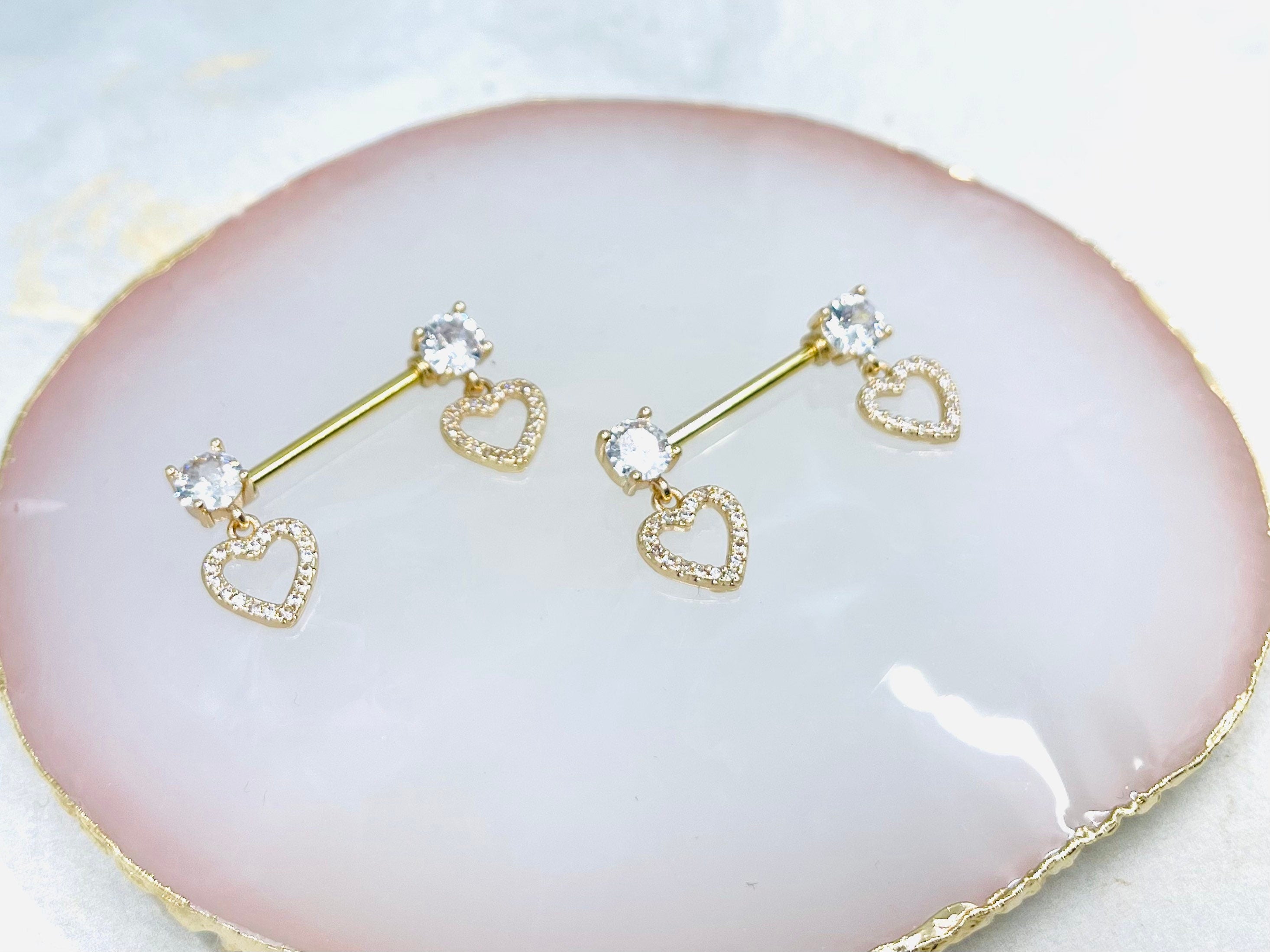 Pair of 14G Dainty Dangling Heart Nipple Barbell Jewelry • Nipple Ring • Nipple Piercing