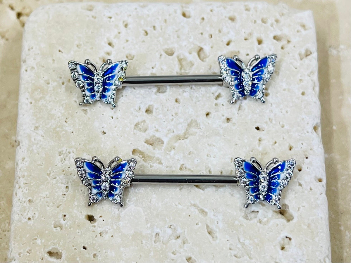 14G Silver Butterfly Nipple Piercing Barbell, Nipple Jewelry, Nipple Barbells