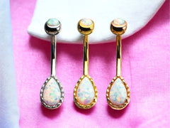 14G Dainty White Opal Gems Belly Button Ring Piercing • Simple Belly Ring