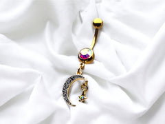 14G Gold Multicolor Gem Moon and Star Dangling Charm Belly Button Ring Piercing