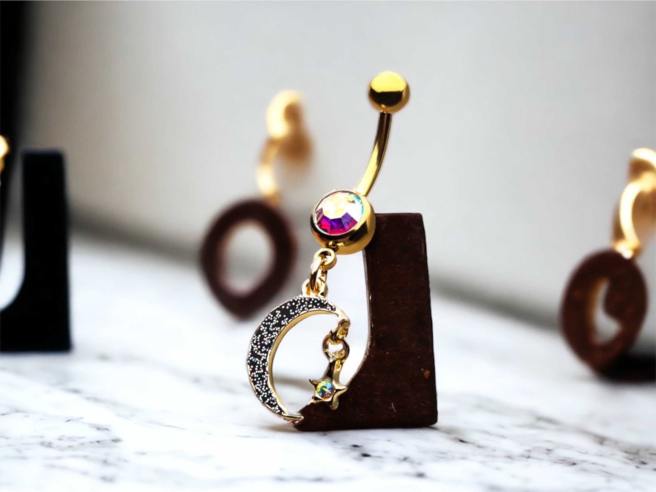 14G Gold Multicolor Gem Moon and Star Dangling Charm Belly Button Ring Piercing