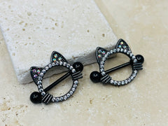 14G Black Cat Nipple Jewelry Barbells, Clear Gem Cat Nipple Barbells