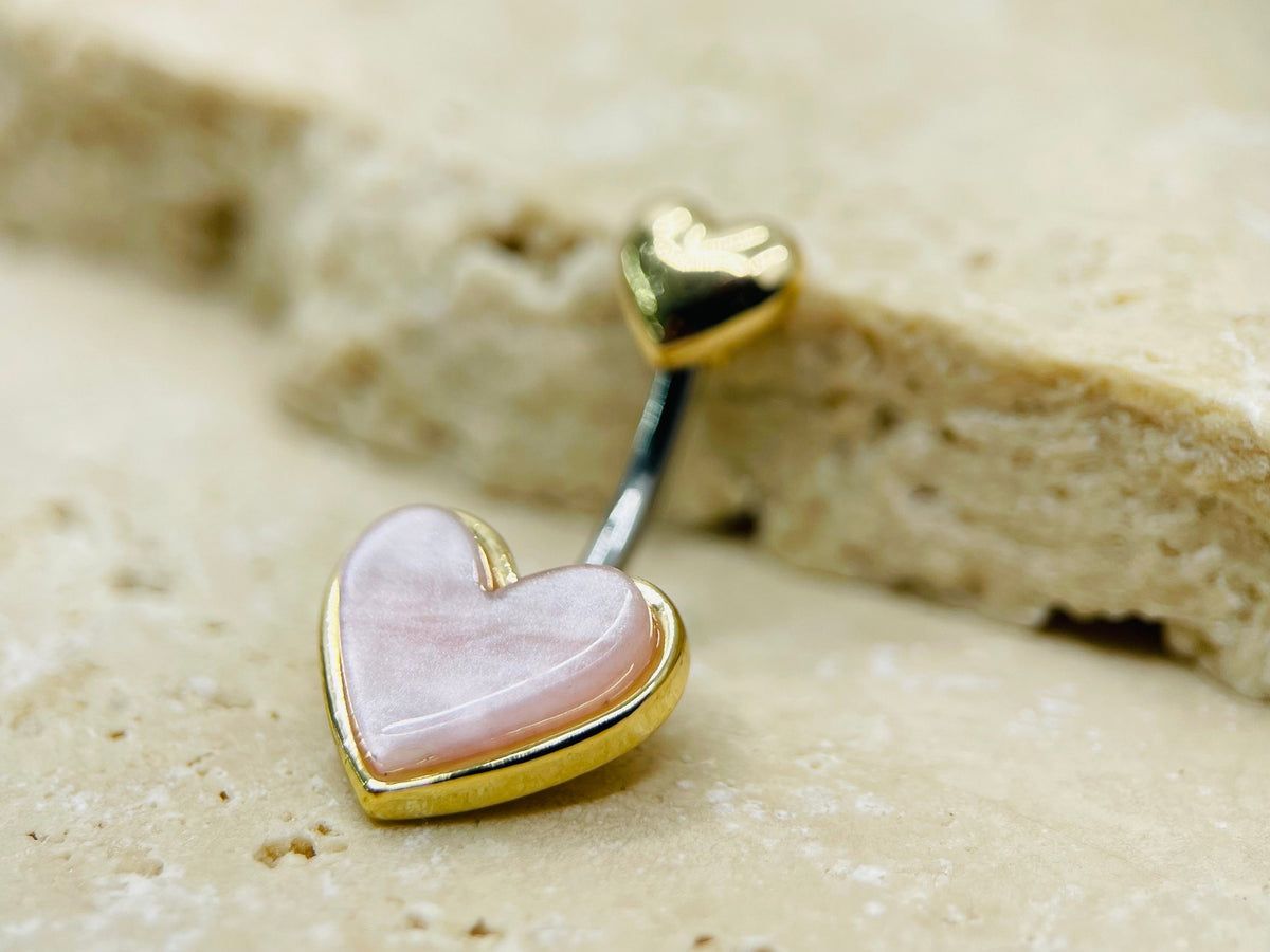 14G Mother of Pearl Heart Belly Button Ring, Simple Belly Ring