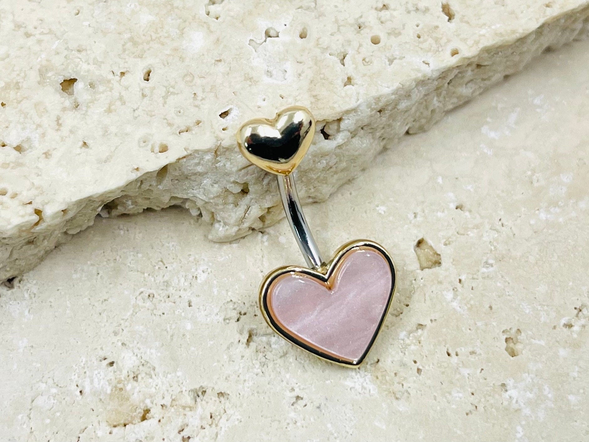 14G Mother of Pearl Heart Belly Button Ring, Simple Belly Ring