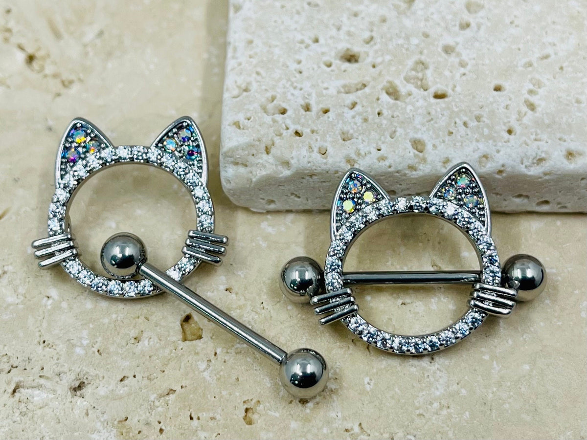 14G Silver Cat Nipple Jewelry Barbells, Multicolor Gem Cat Ears Nipple Barbells