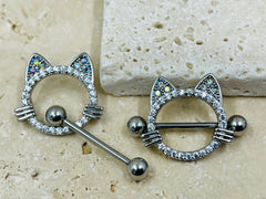 14G Silver Cat Nipple Jewelry Barbells, Multicolor Gem Cat Ears Nipple Barbells