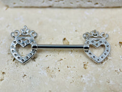 14G Silver Heart & Crown Top Nipple Jewelry Barbell, Nipple Piercing, Nipple Jewelry