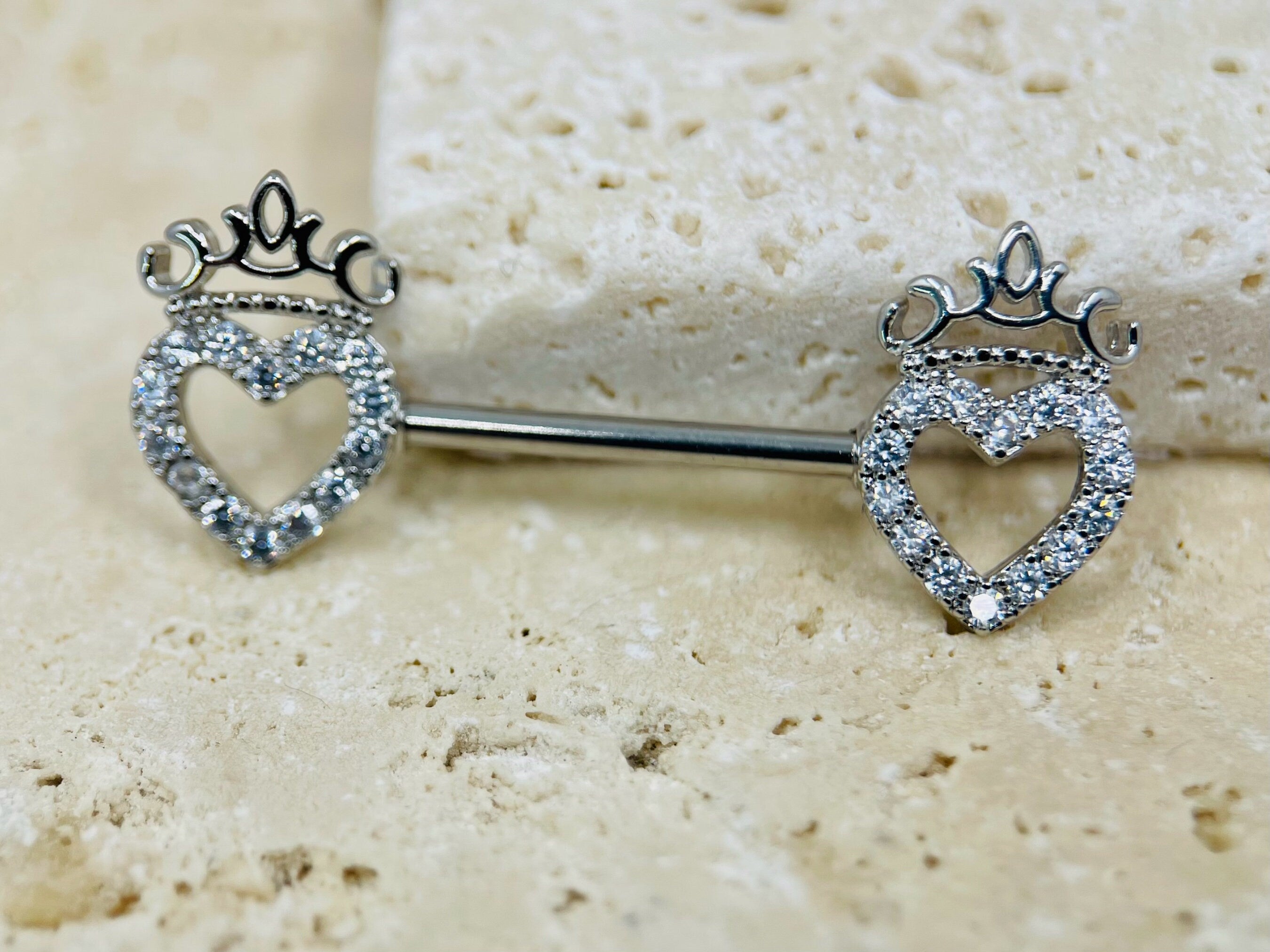 14G Silver Heart & Crown Top Nipple Jewelry Barbell, Nipple Piercing, Nipple Jewelry