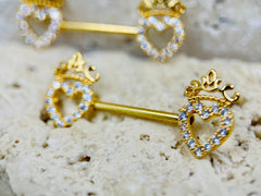 14G Gold Heart & Crown Top Nipple Jewelry Barbell, Nipple Piercing, Nipple Jewelry