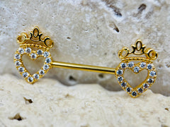 14G Gold Heart & Crown Top Nipple Jewelry Barbell, Nipple Piercing, Nipple Jewelry