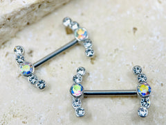 14G Clear & Multicolor Gem Cluster Ends Nipple Barbells, Nipple Rings