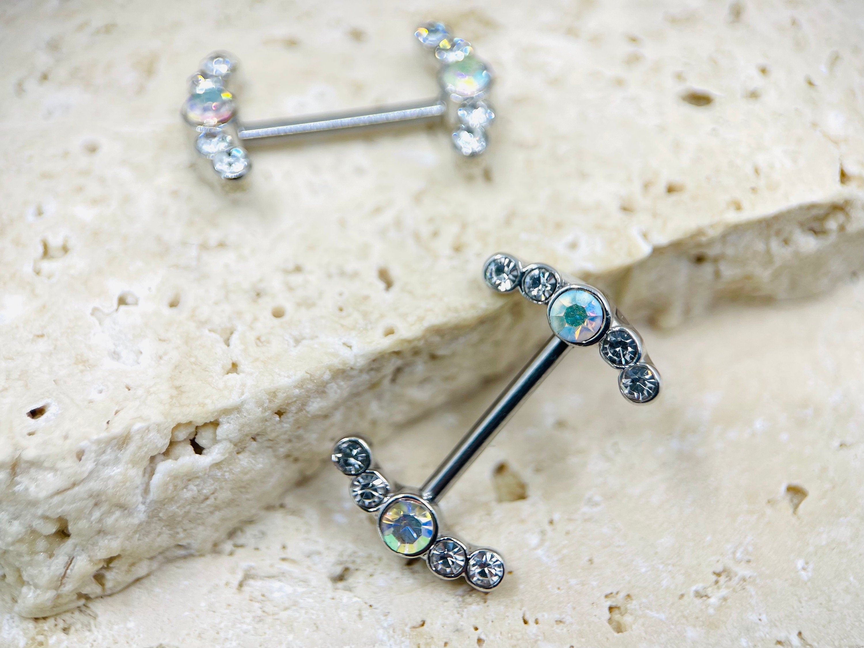 14G Clear & Multicolor Gem Cluster Ends Nipple Barbells, Nipple Rings