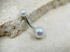 14G Silver White Pearl Texture Basic Belly Button Ring