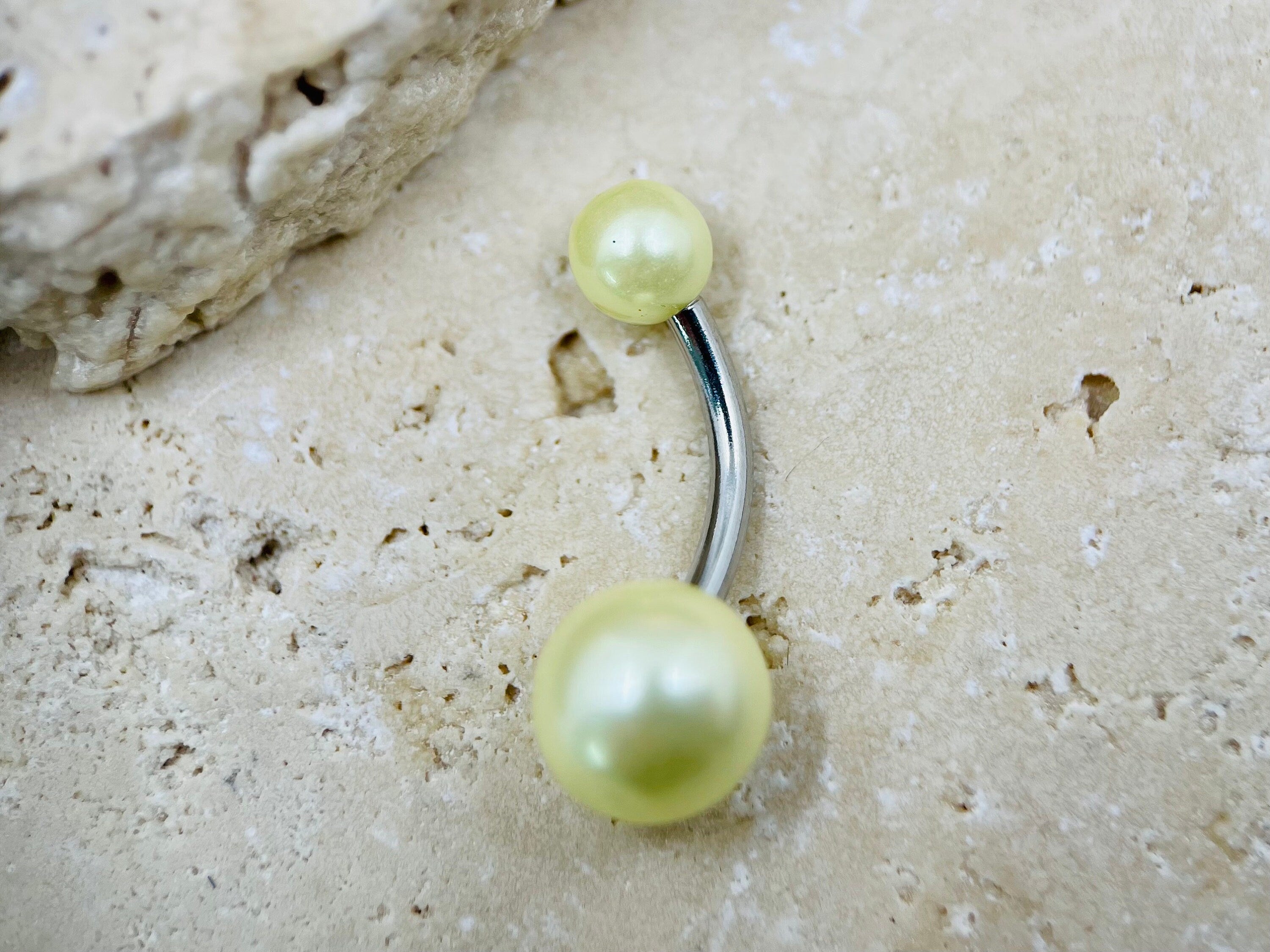 14G Silver Off White Pearl Texture Basic Belly Button Ring