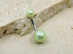 14G Silver Light Green Pearl Texture Basic Belly Button Ring