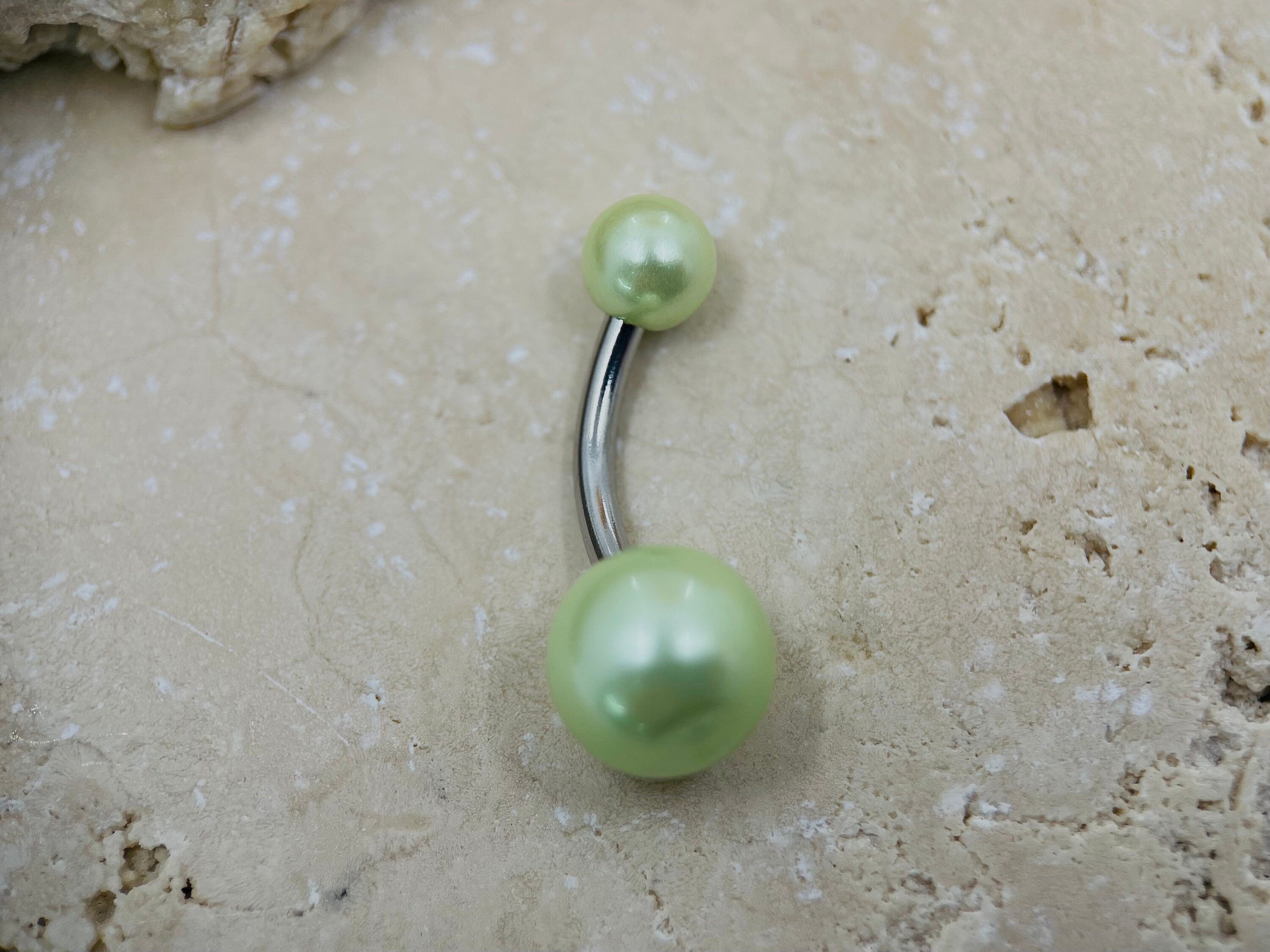 14G Silver Light Green Pearl Texture Basic Belly Button Ring