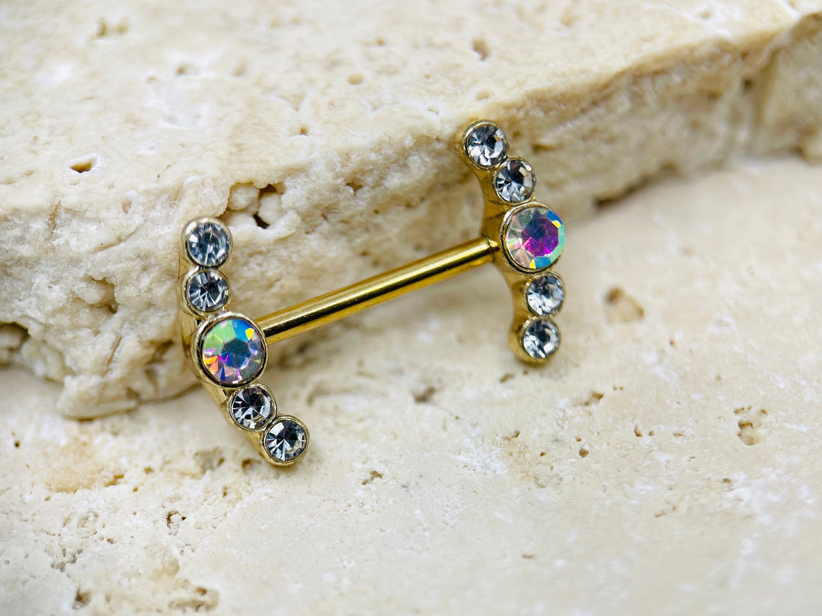 Nipple Piercings Clear & Multicolor Gem Cluster Ends Nipple Barbells, Nipple Rings