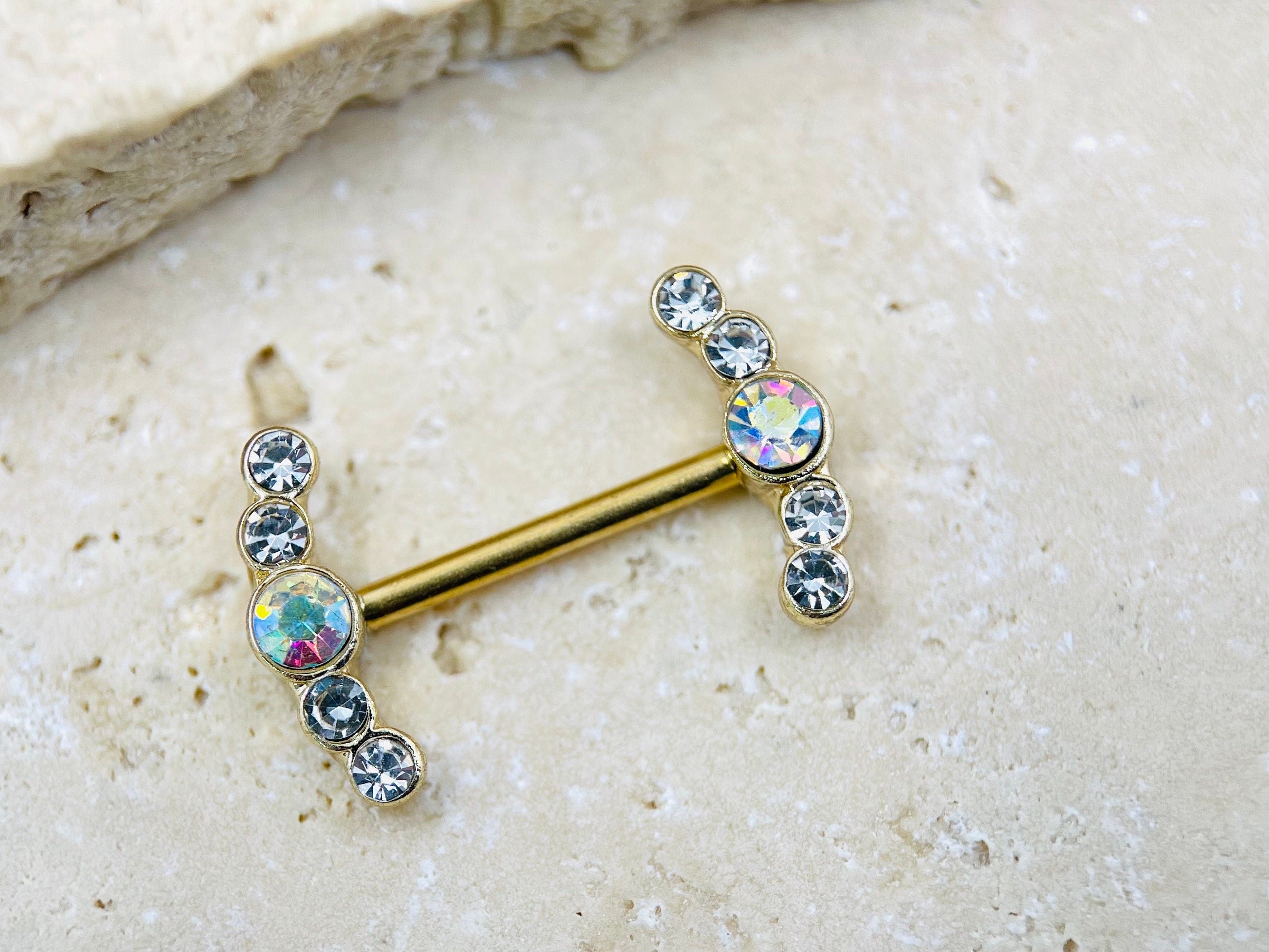 Nipple Piercings Clear & Multicolor Gem Cluster Ends Nipple Barbells, Nipple Rings