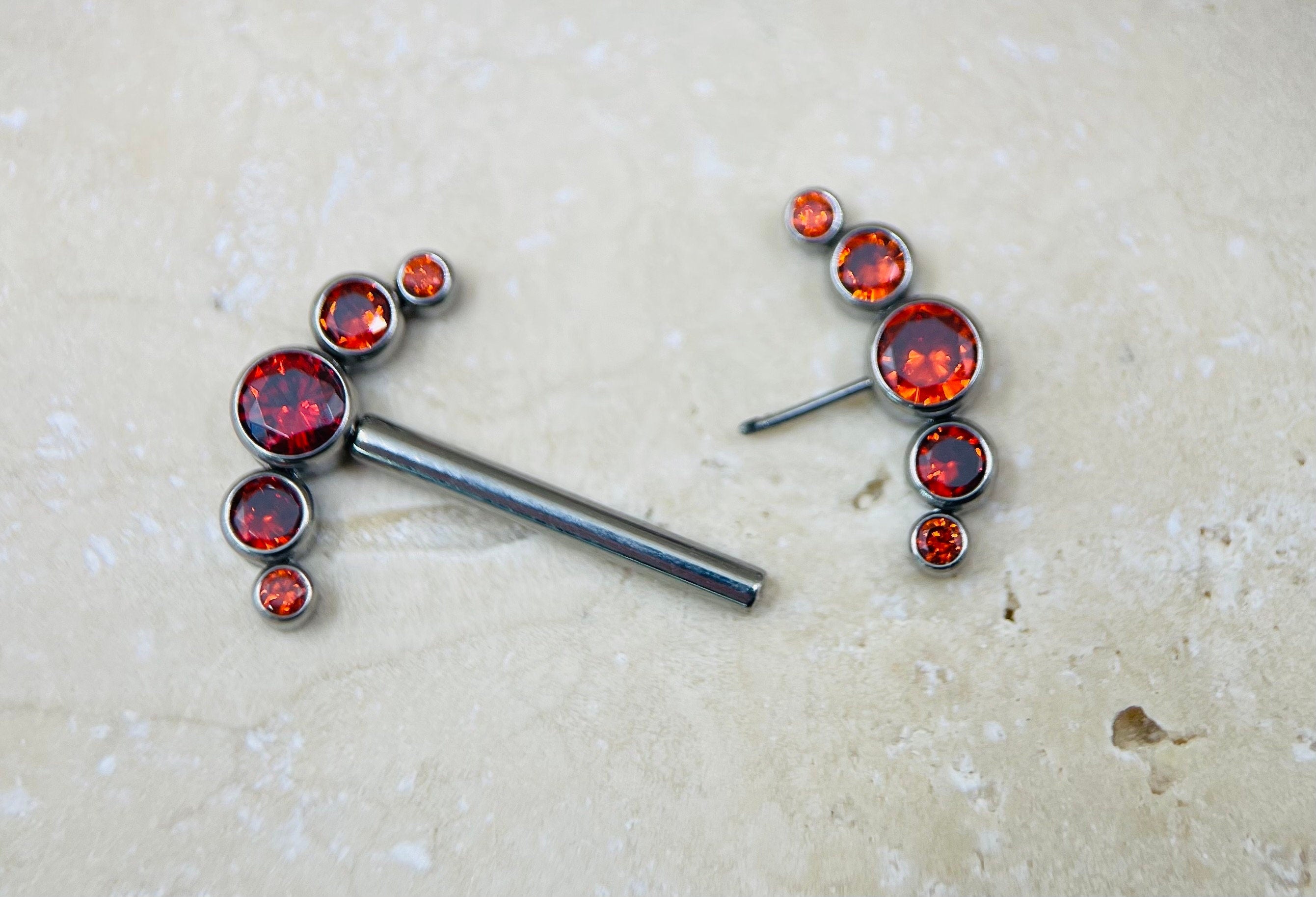 Threadless Push In Titanium Nipple Barbells, Red Gems Threadless Nipple Rings