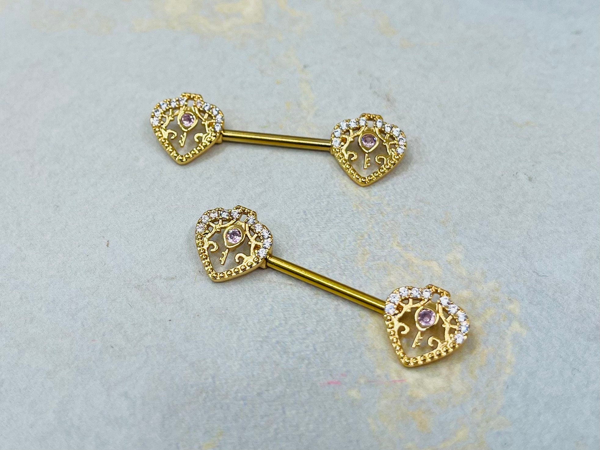 14G Gold Heart and Key Nipple Jewelry Barbell