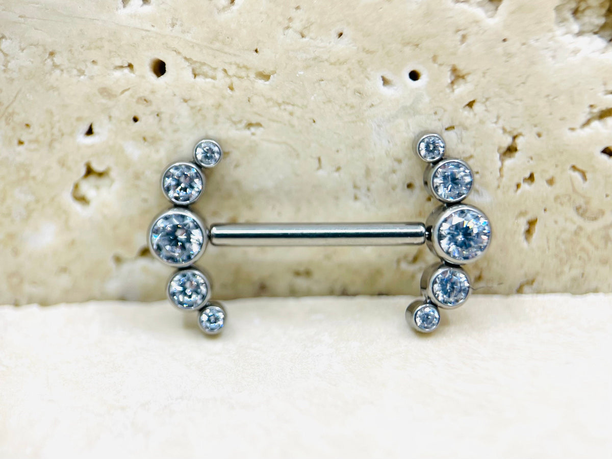 Threadless Push In Titanium Nipple Barbells, Clear Gems, Threadless Nipple Rings, Threadless Piercing Barbells