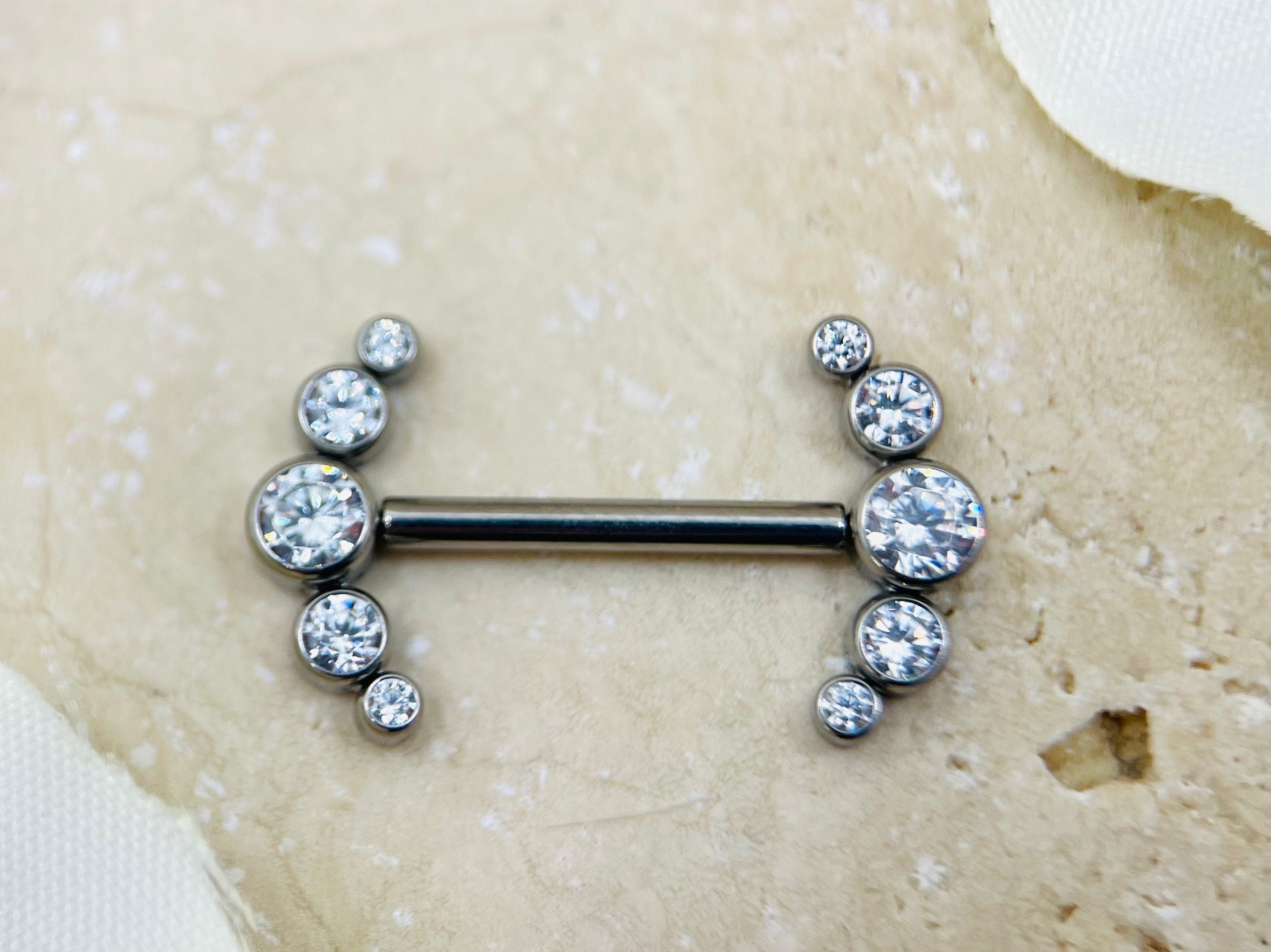 Threadless Push In Titanium Nipple Barbells, Clear Gems, Threadless Nipple Rings, Threadless Piercing Barbells