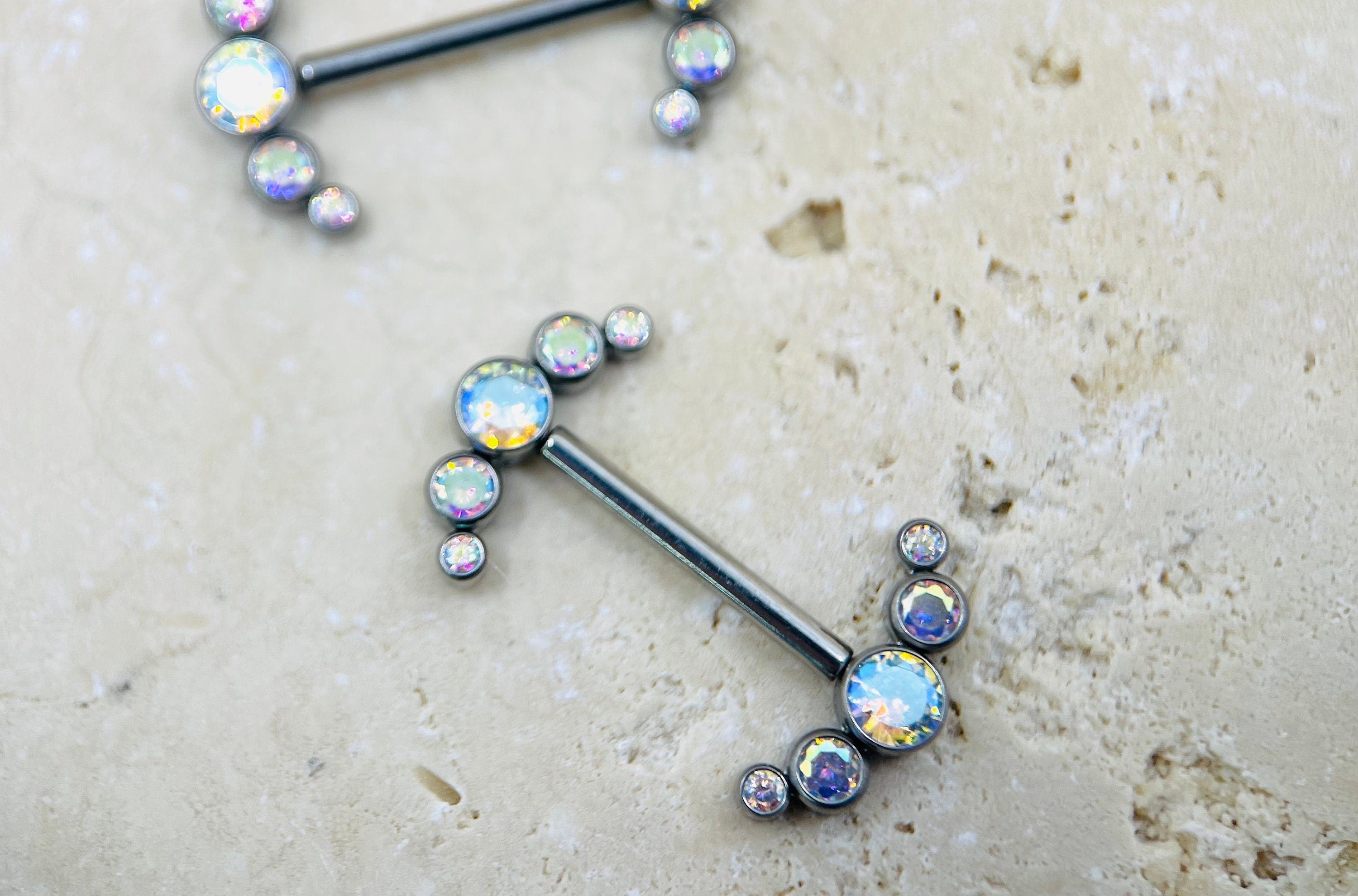 Threadless Push In Titanium Nipple Barbells, Threadless Nipple Rings, Threadless Piercing Barbells • Multicolor Stones