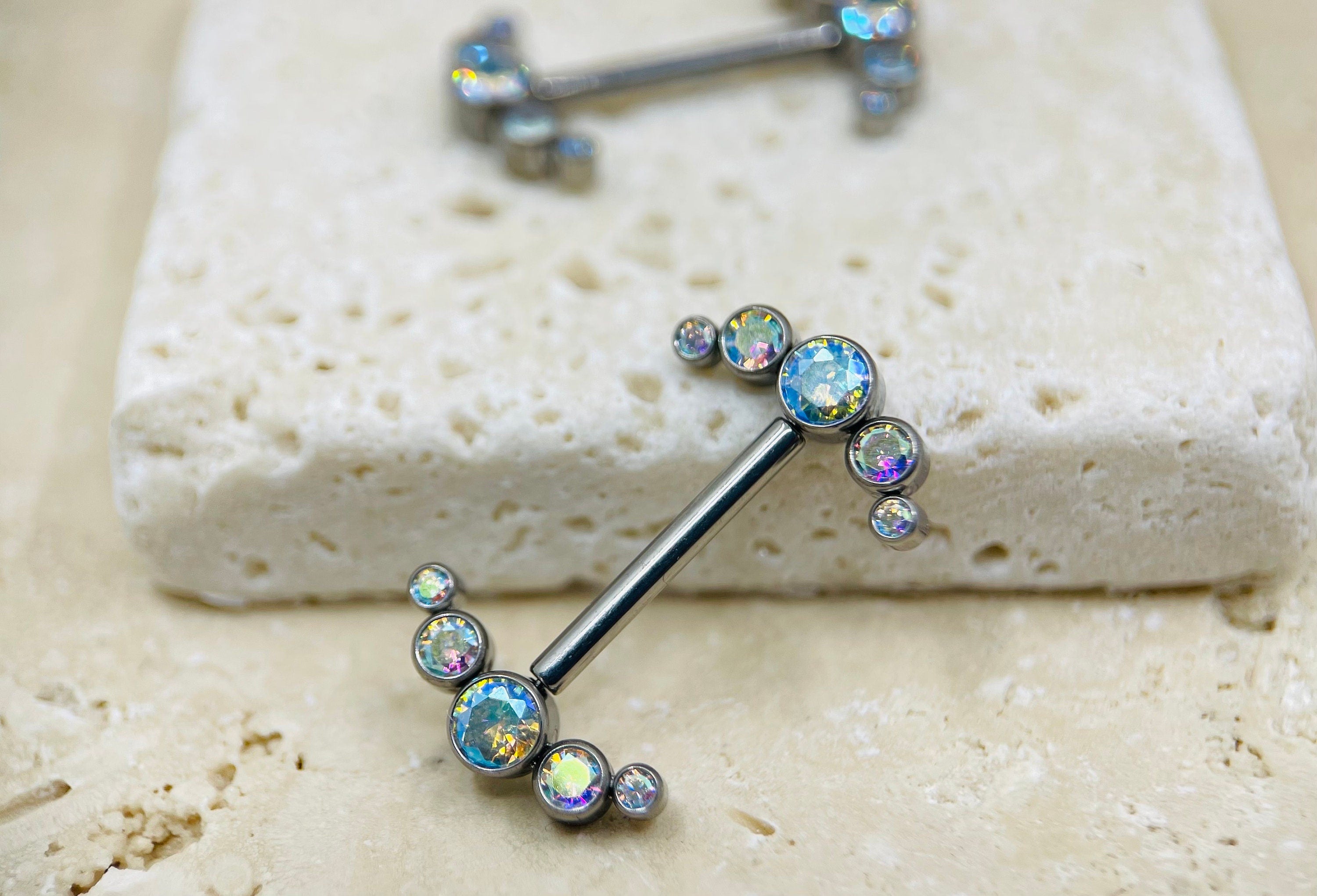 Threadless Push In Titanium Nipple Barbells, Threadless Nipple Rings, Threadless Piercing Barbells • Multicolor Stones