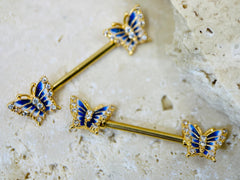 14G Gold Butterfly Ends Nipple Piercing Barbell, Nipple Jewelry