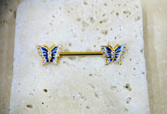 14G Gold Butterfly Ends Nipple Piercing Barbell, Nipple Jewelry