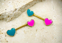 14G Nipple Jewelry, Pink & Blue Heart Nipple Barbell, Nipple Piercing Barbell