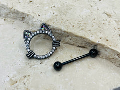 14G Black Cat Nipple Jewelry Barbells, Clear Gem Cat Nipple Barbells