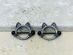 14G Black Cat Nipple Jewelry Barbells, Clear Gem Cat Nipple Barbells