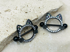 14G Black Cat Nipple Jewelry Barbells, Clear Gem Cat Nipple Barbells