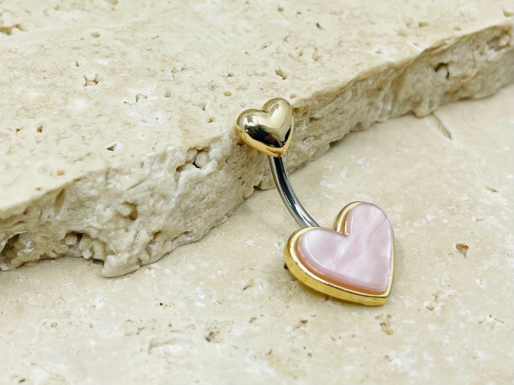 14G Mother of Pearl Heart Belly Button Ring, Simple Belly Ring